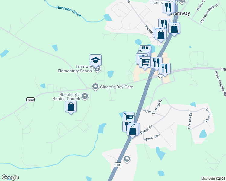 map of restaurants, bars, coffee shops, grocery stores, and more near 303 Center Church Road in Sanford