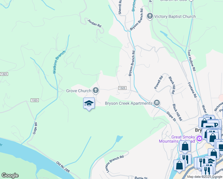 map of restaurants, bars, coffee shops, grocery stores, and more near Franklin Grove Church Road in Bryson City