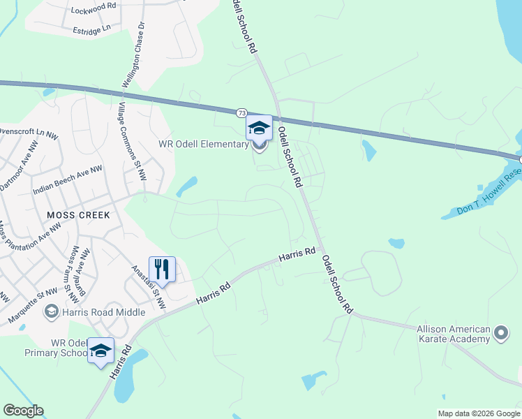 map of restaurants, bars, coffee shops, grocery stores, and more near 1435-1703 Odell School Road in Concord