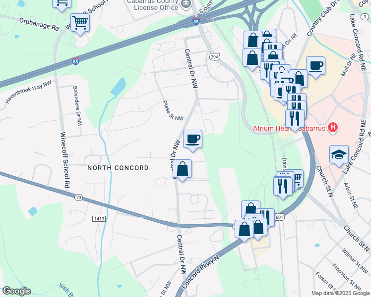 map of restaurants, bars, coffee shops, grocery stores, and more near 1042 Obeds Lane Northwest in Concord