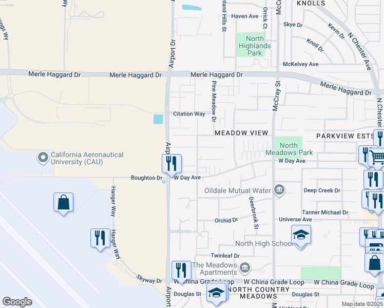 map of restaurants, bars, coffee shops, grocery stores, and more near 809 Greenwood Meadow Lane in Bakersfield