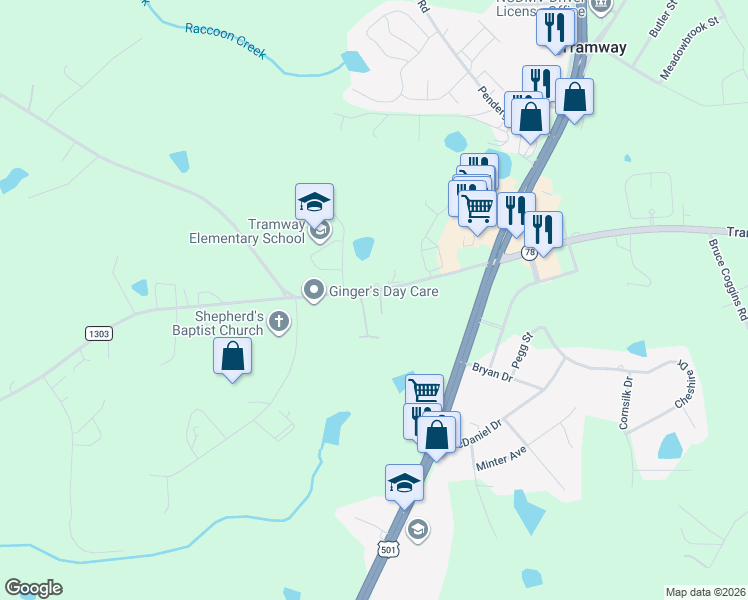 map of restaurants, bars, coffee shops, grocery stores, and more near 303 Center Church Road in Sanford