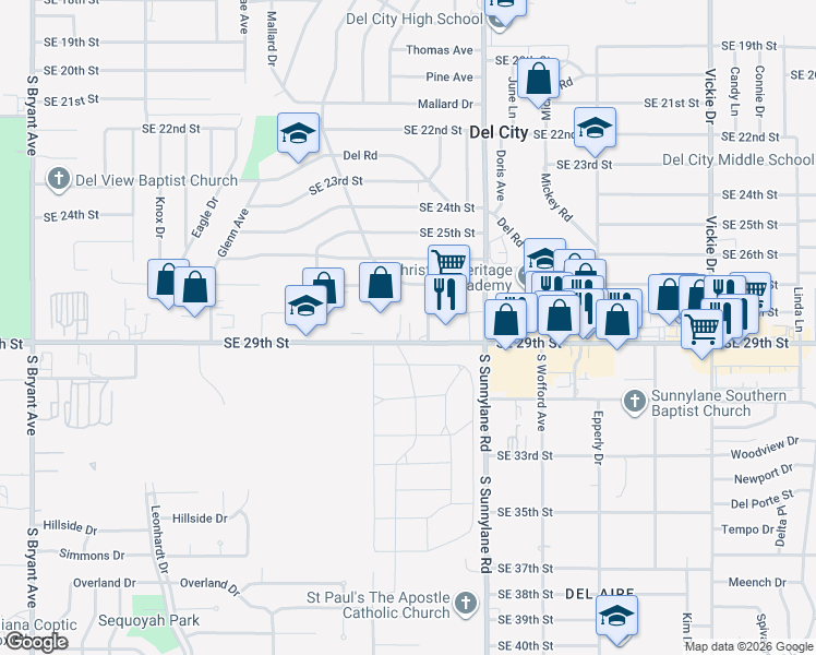 map of restaurants, bars, coffee shops, grocery stores, and more near 4019 Southeast 29th Street in Del City