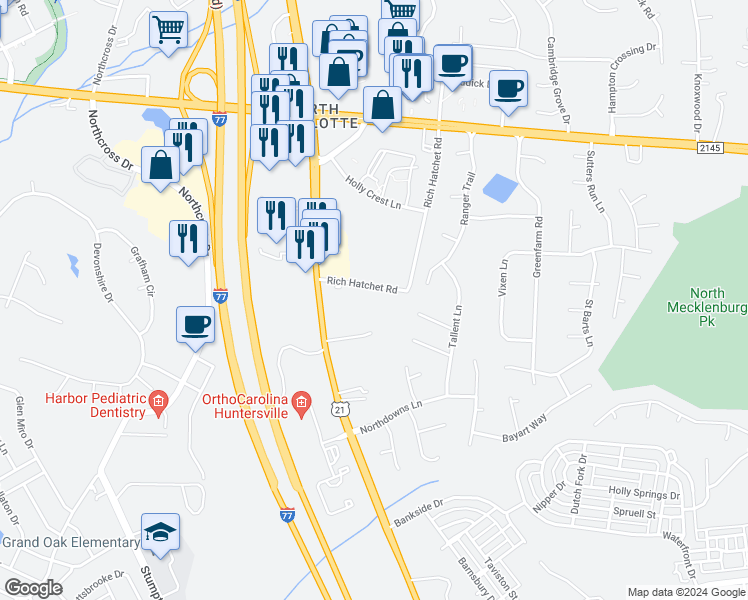 map of restaurants, bars, coffee shops, grocery stores, and more near 9632 Rich Hatchet Road in Huntersville