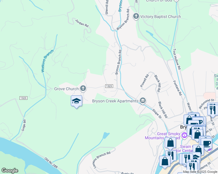 map of restaurants, bars, coffee shops, grocery stores, and more near 927 Franklin Grove Church Road in Bryson City