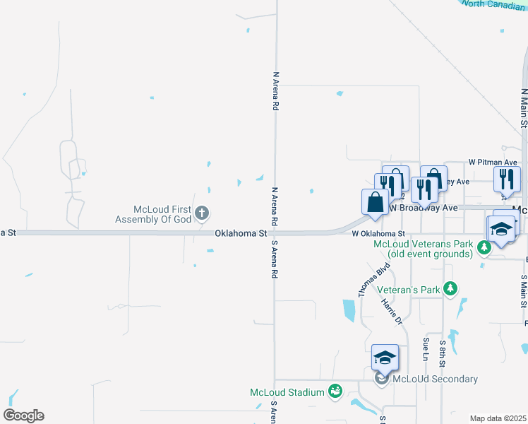 map of restaurants, bars, coffee shops, grocery stores, and more near 181 North Arena Road in McLoud