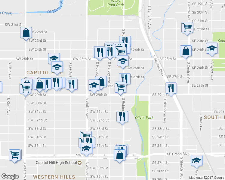 map of restaurants, bars, coffee shops, grocery stores, and more near 2900 S Harvey Ave in Oklahoma City
