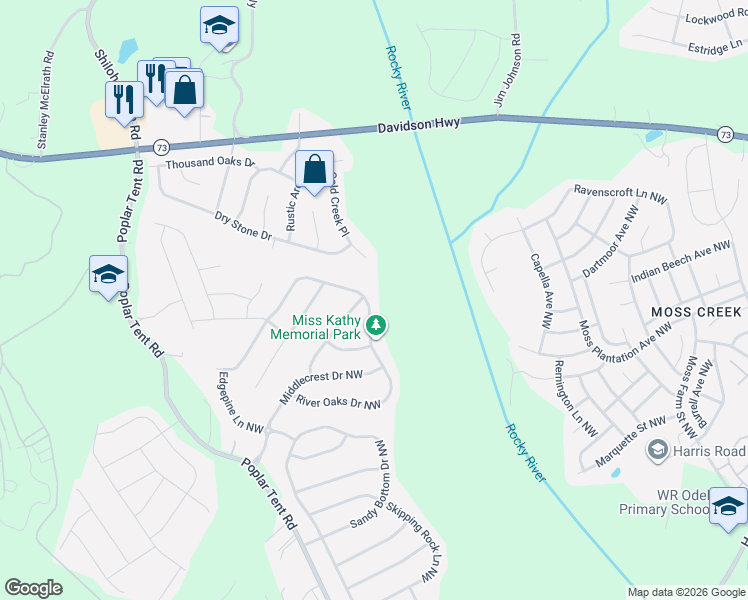 map of restaurants, bars, coffee shops, grocery stores, and more near 11018 River Oaks Drive Northwest in Concord