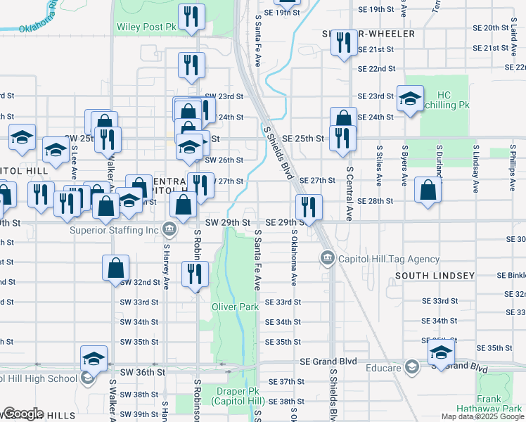 map of restaurants, bars, coffee shops, grocery stores, and more near 10 Southeast 28th Street in Oklahoma City