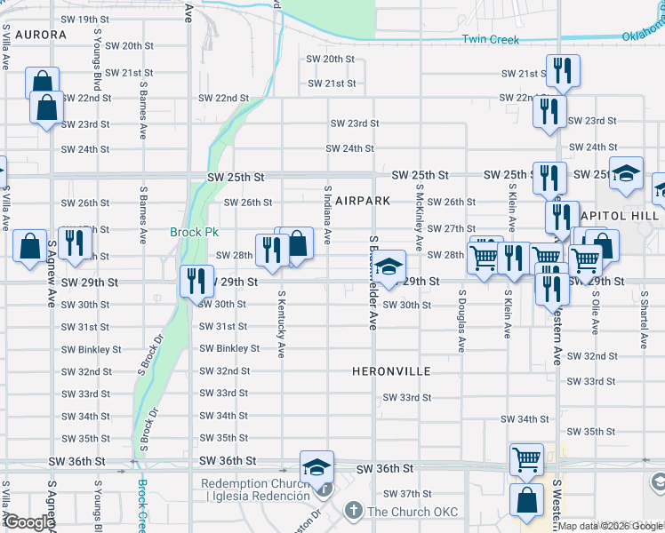 map of restaurants, bars, coffee shops, grocery stores, and more near 1328 Southwest 28th Street in Oklahoma City