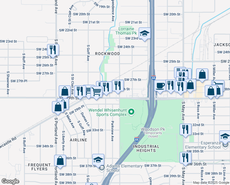 map of restaurants, bars, coffee shops, grocery stores, and more near 3304 Southwest 28th Street in Oklahoma City