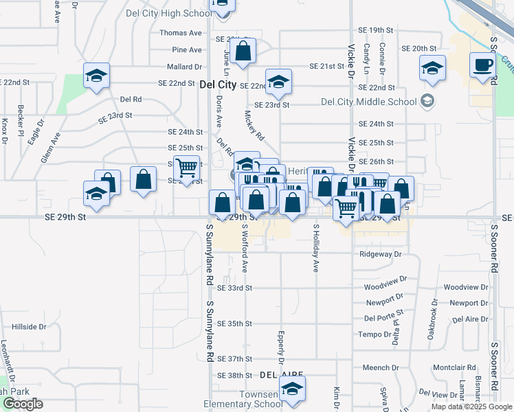 map of restaurants, bars, coffee shops, grocery stores, and more near 4407 Southeast 29th Street in Del City