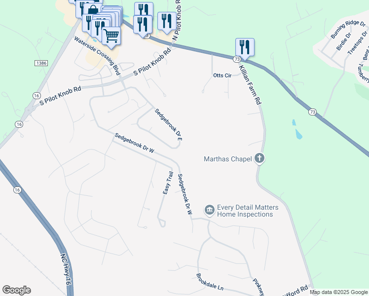 map of restaurants, bars, coffee shops, grocery stores, and more near 7721 Sedgebrook Drive East in Stanley