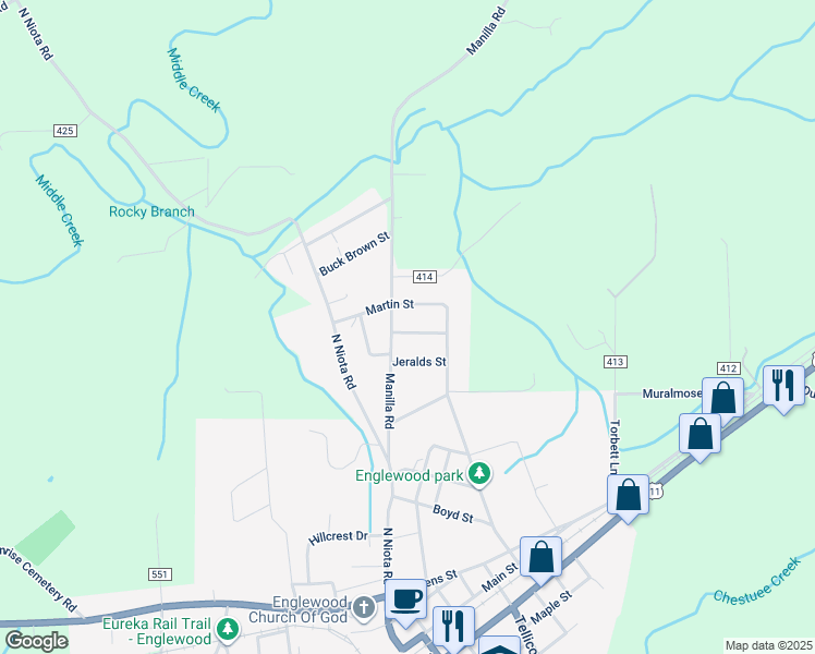 map of restaurants, bars, coffee shops, grocery stores, and more near 19 McKinney Street in Englewood