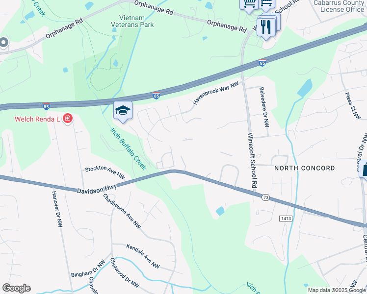 map of restaurants, bars, coffee shops, grocery stores, and more near 3100 Davidson Highway in Concord