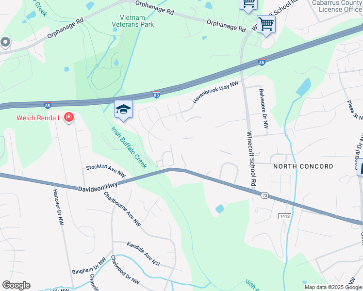 map of restaurants, bars, coffee shops, grocery stores, and more near 3100 Davidson Highway in Concord
