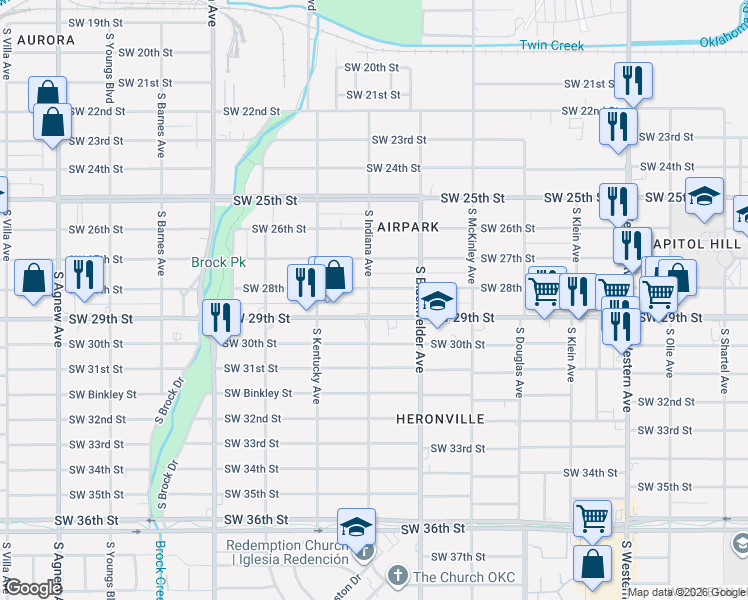 map of restaurants, bars, coffee shops, grocery stores, and more near 1328 Southwest 28th Street in Oklahoma City