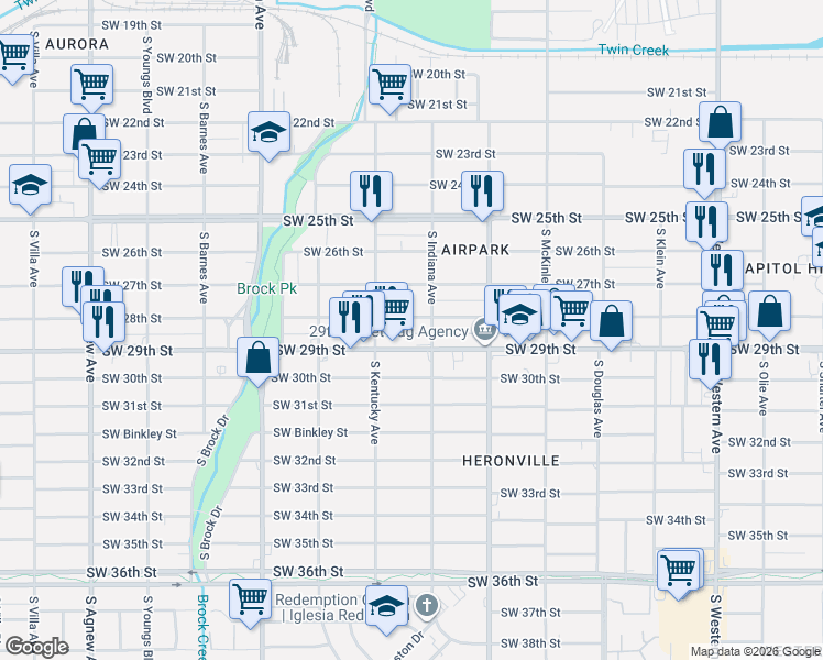 map of restaurants, bars, coffee shops, grocery stores, and more near 1416 Southwest 28th Street in Oklahoma City