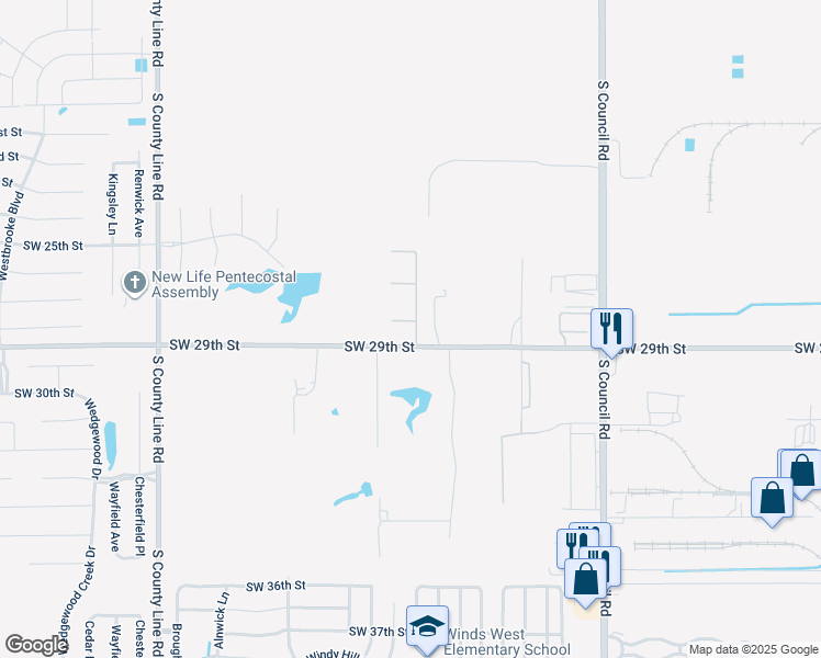 map of restaurants, bars, coffee shops, grocery stores, and more near 8400 Southwest 28th Street in Oklahoma City