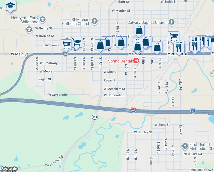 map of restaurants, bars, coffee shops, grocery stores, and more near 411 S 9th St in Henryetta