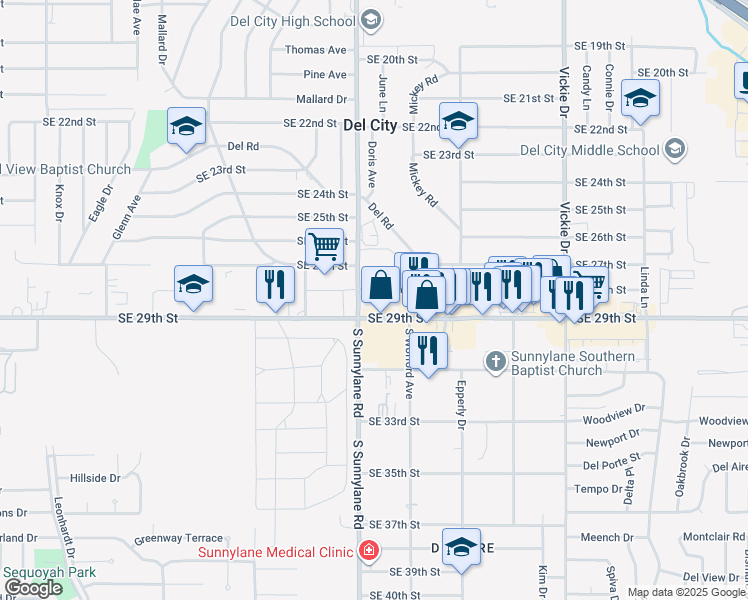 map of restaurants, bars, coffee shops, grocery stores, and more near 4321 Southeast 29th Street in Del City