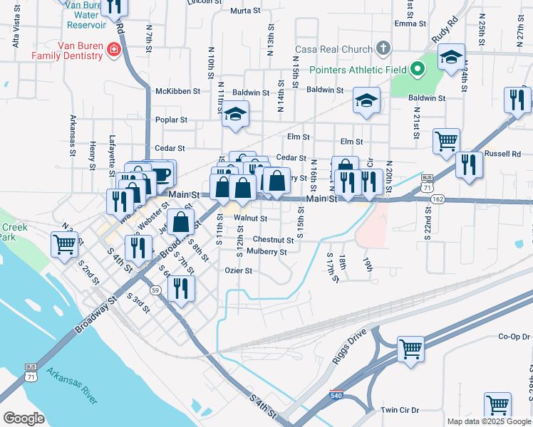 map of restaurants, bars, coffee shops, grocery stores, and more near 1307 Walnut Street in Van Buren