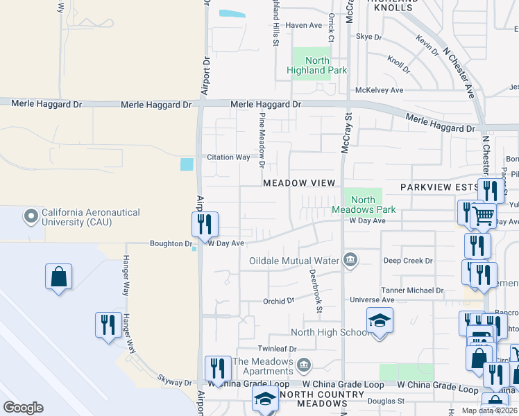 map of restaurants, bars, coffee shops, grocery stores, and more near 713 Greenwood Meadow Lane in Bakersfield
