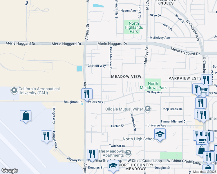 map of restaurants, bars, coffee shops, grocery stores, and more near 713 Greenwood Meadow Lane in Bakersfield
