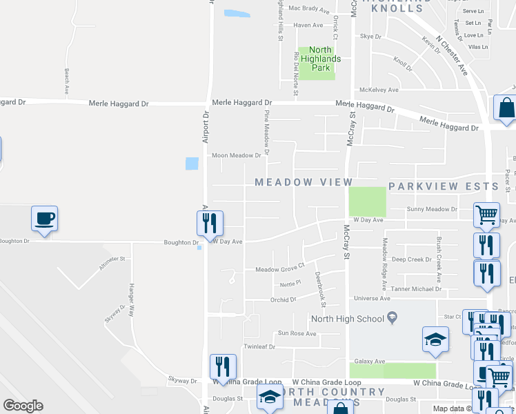 map of restaurants, bars, coffee shops, grocery stores, and more near 713 Greenwood Meadow Lane in Bakersfield