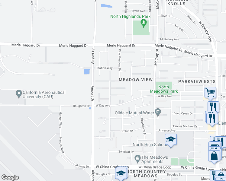 map of restaurants, bars, coffee shops, grocery stores, and more near 713 Greenwood Meadow Lane in Bakersfield