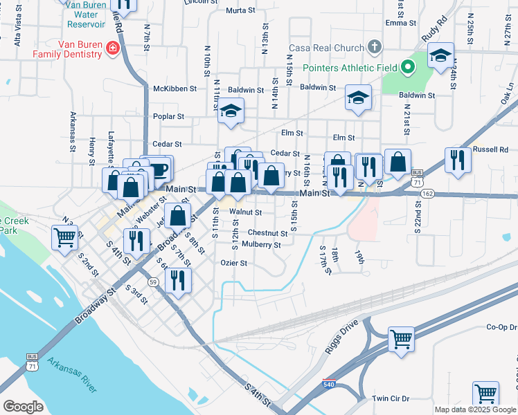 map of restaurants, bars, coffee shops, grocery stores, and more near 1307 Walnut Street in Van Buren