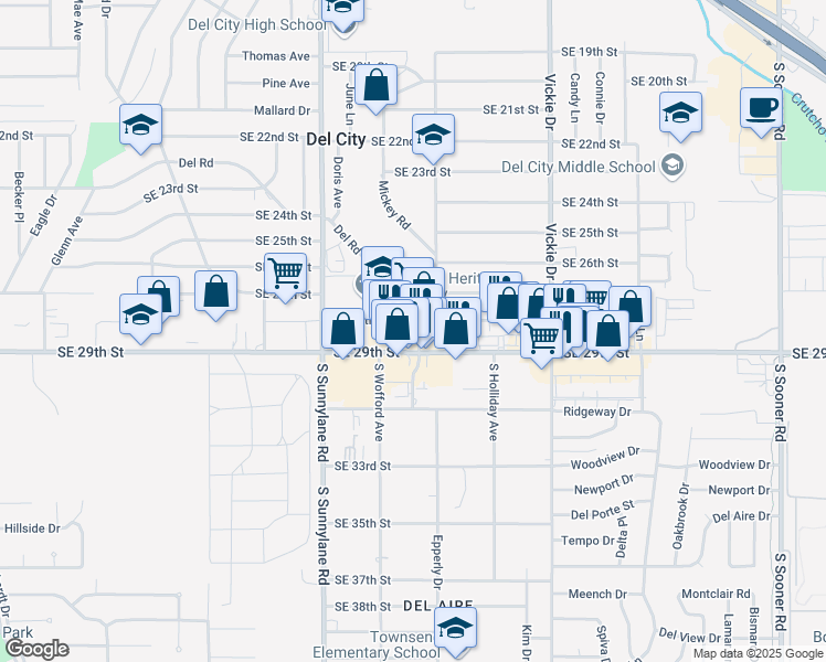 map of restaurants, bars, coffee shops, grocery stores, and more near 4407 Southeast 29th Street in Del City
