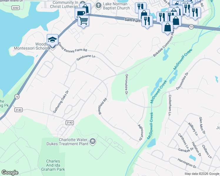 map of restaurants, bars, coffee shops, grocery stores, and more near 8632 Brentfield Road in Huntersville