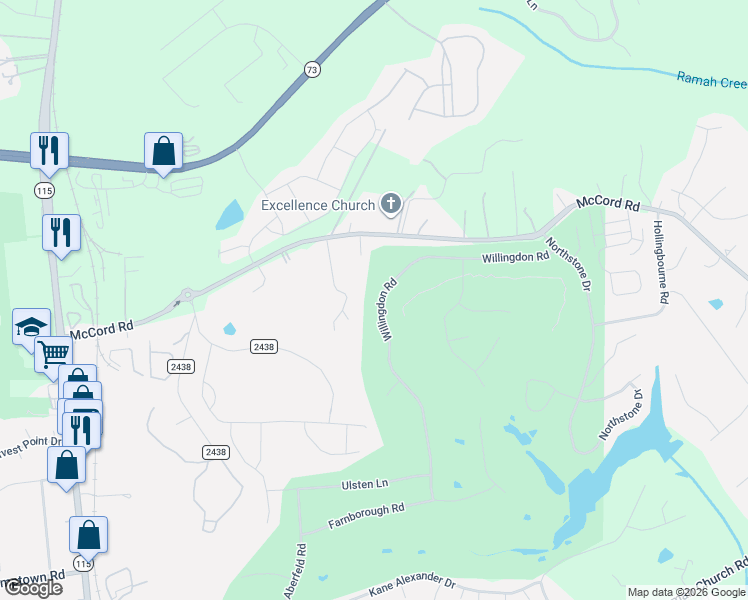 map of restaurants, bars, coffee shops, grocery stores, and more near 12341 Willingdon Road in Huntersville