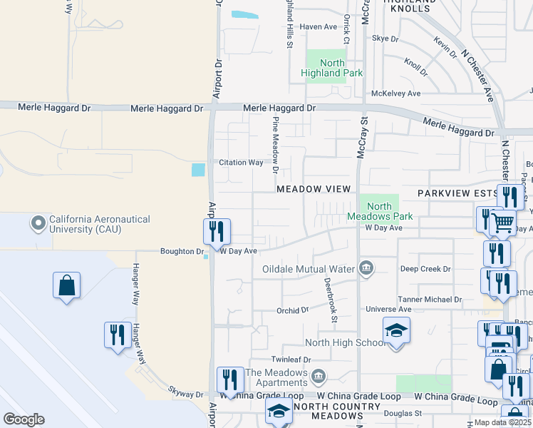 map of restaurants, bars, coffee shops, grocery stores, and more near 713 Greenwood Meadow Lane in Bakersfield