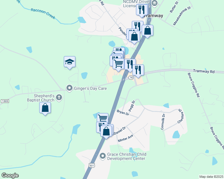 map of restaurants, bars, coffee shops, grocery stores, and more near 101-253 Center Church Rd in Sanford