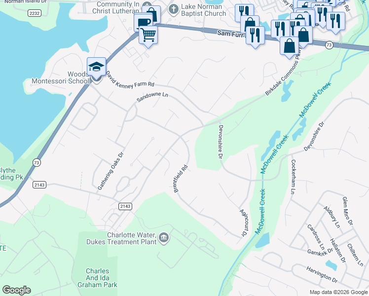 map of restaurants, bars, coffee shops, grocery stores, and more near 8632 Brentfield Road in Huntersville