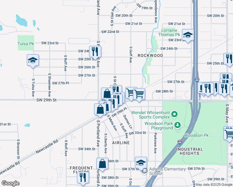 map of restaurants, bars, coffee shops, grocery stores, and more near 2916 South Saint Clair Avenue in Oklahoma City