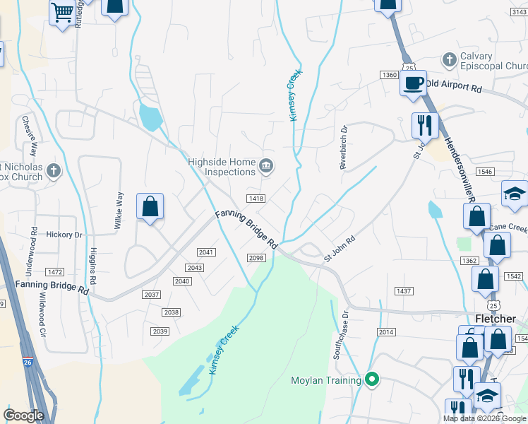 map of restaurants, bars, coffee shops, grocery stores, and more near 15 Wild Sage Court in Fletcher