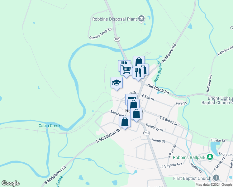 map of restaurants, bars, coffee shops, grocery stores, and more near 180 North West Broad Street in Robbins