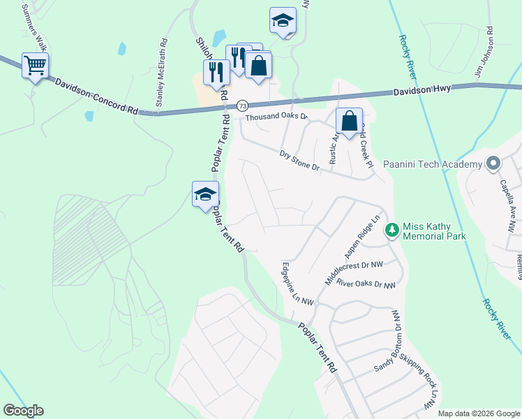 map of restaurants, bars, coffee shops, grocery stores, and more near 1442 Coffeetree Drive Northwest in Concord