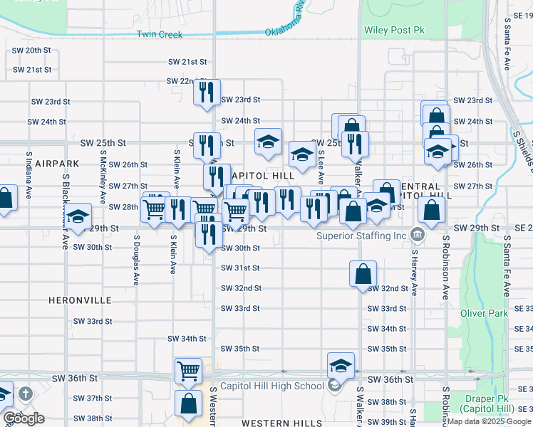 map of restaurants, bars, coffee shops, grocery stores, and more near 716 Southwest 28th Street in Oklahoma City