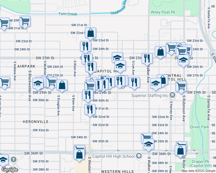 map of restaurants, bars, coffee shops, grocery stores, and more near 716 Southwest 28th Street in Oklahoma City