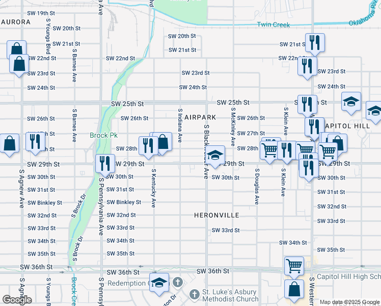 map of restaurants, bars, coffee shops, grocery stores, and more near 1328 Southwest 28th Street in Oklahoma City