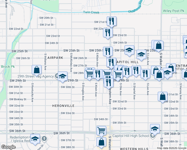 map of restaurants, bars, coffee shops, grocery stores, and more near 1012 Southwest 28th Street in Oklahoma City