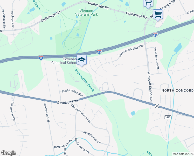 map of restaurants, bars, coffee shops, grocery stores, and more near 529 Havenbrook Way Northwest in Concord