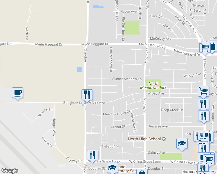 map of restaurants, bars, coffee shops, grocery stores, and more near 713 Greenwood Meadow Lane in Bakersfield