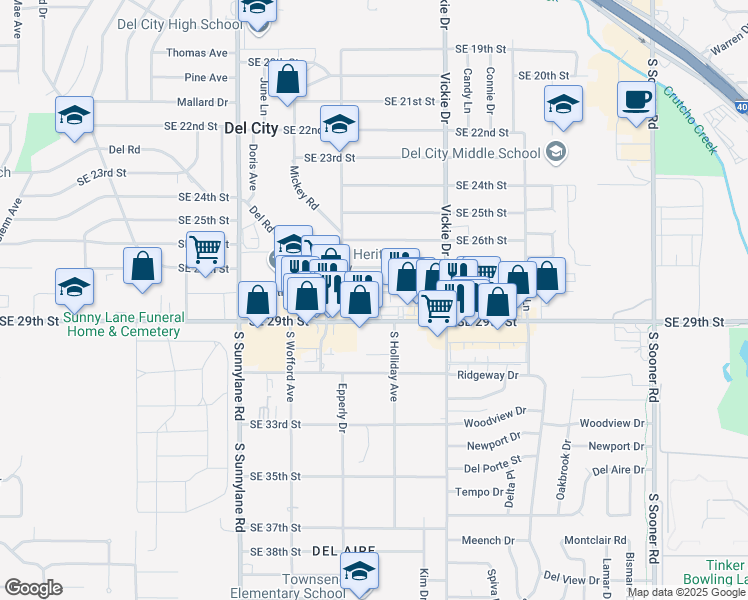 map of restaurants, bars, coffee shops, grocery stores, and more near 4512 Southeast 28th Street in Del City