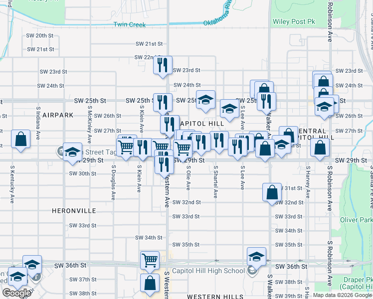 map of restaurants, bars, coffee shops, grocery stores, and more near 800 Southwest 28th Street in Oklahoma City