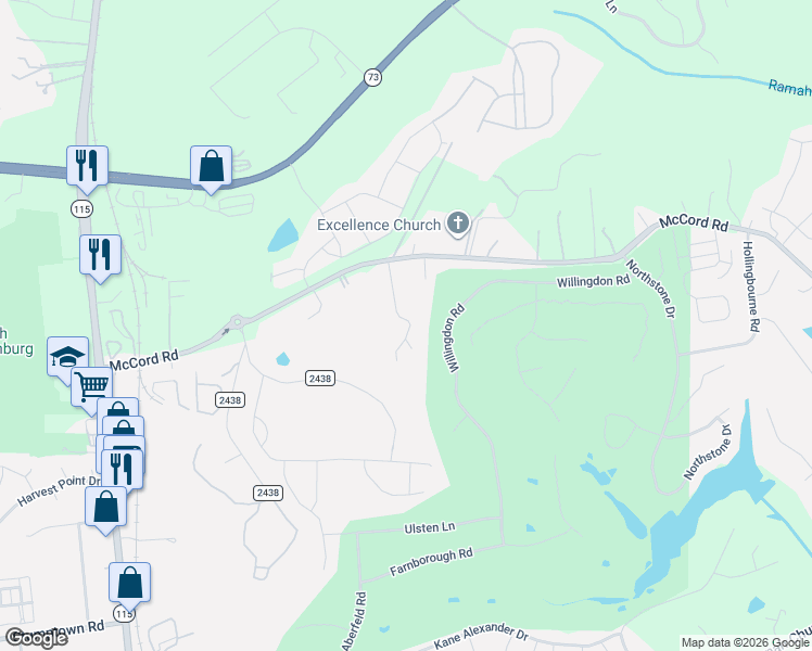 map of restaurants, bars, coffee shops, grocery stores, and more near 12300 McCord Road in Huntersville
